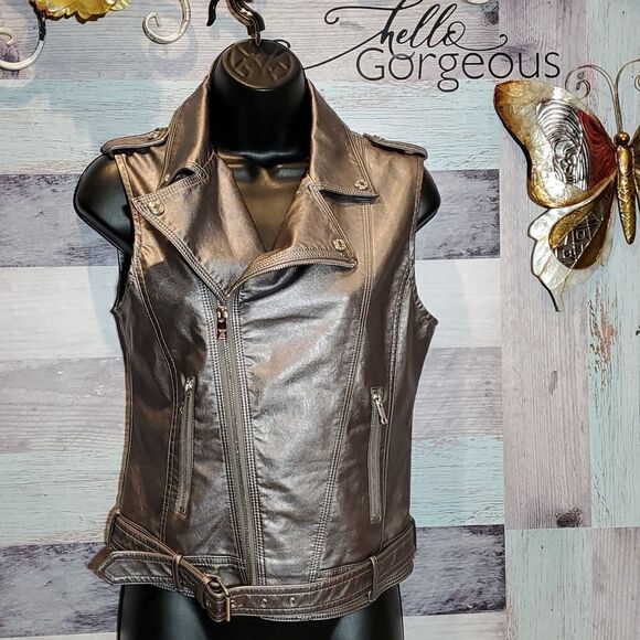 Vegan Leather Look Zip Up Sleeveless Vest Sz Medium, Details Basic - Picture 1 of 8